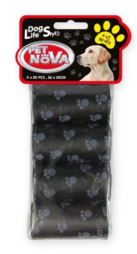 PET NOVA Worki na psie nieczystości 4 rolki x 20szt CZARNE 26x30cm