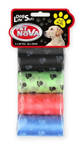 PET NOVA Worki na psie nieczystości 4 rolki x 20szt KOLOROWE 26x30cm